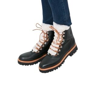 Marc Fisher Izzie Black Leather Shearling Lug Sole Boot